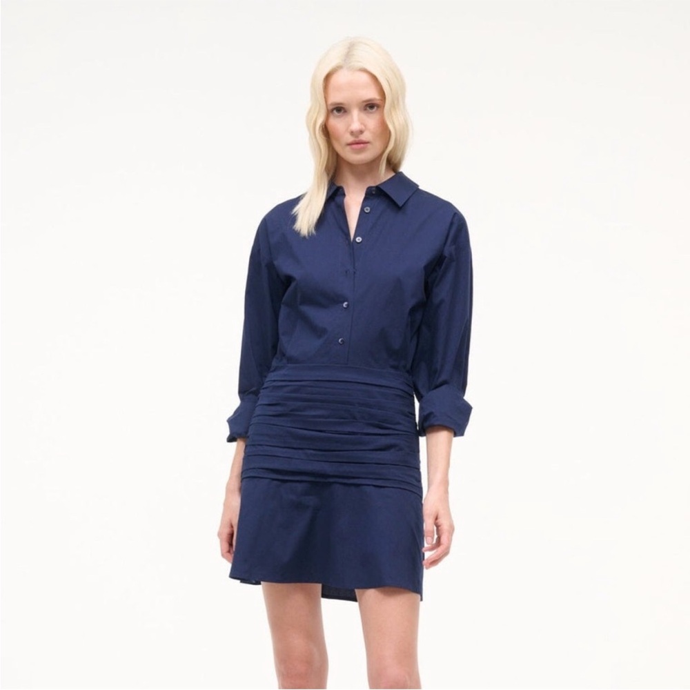 STAUD Navy Button-Front Ruched-Waist Mini Dress